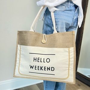 COPY - NWT Hello Weekend Burlap Tote Bag
